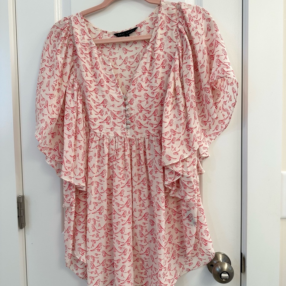 Pink and White Puff Sleeve Ruffled Tunic